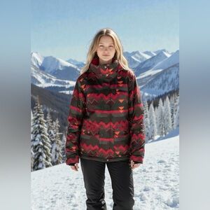 SIMS women's ski/snowboarding hooded jacket with a geometric print.